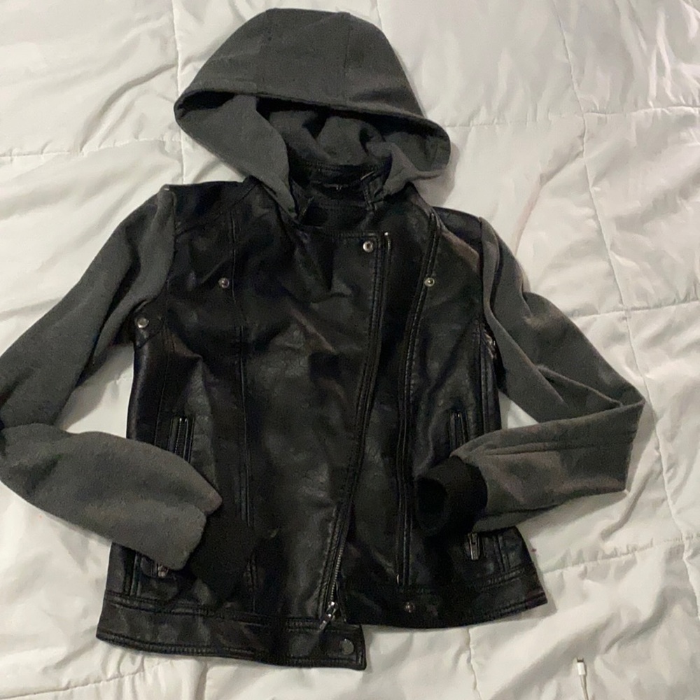 Black leather jacket with cotton sleeves